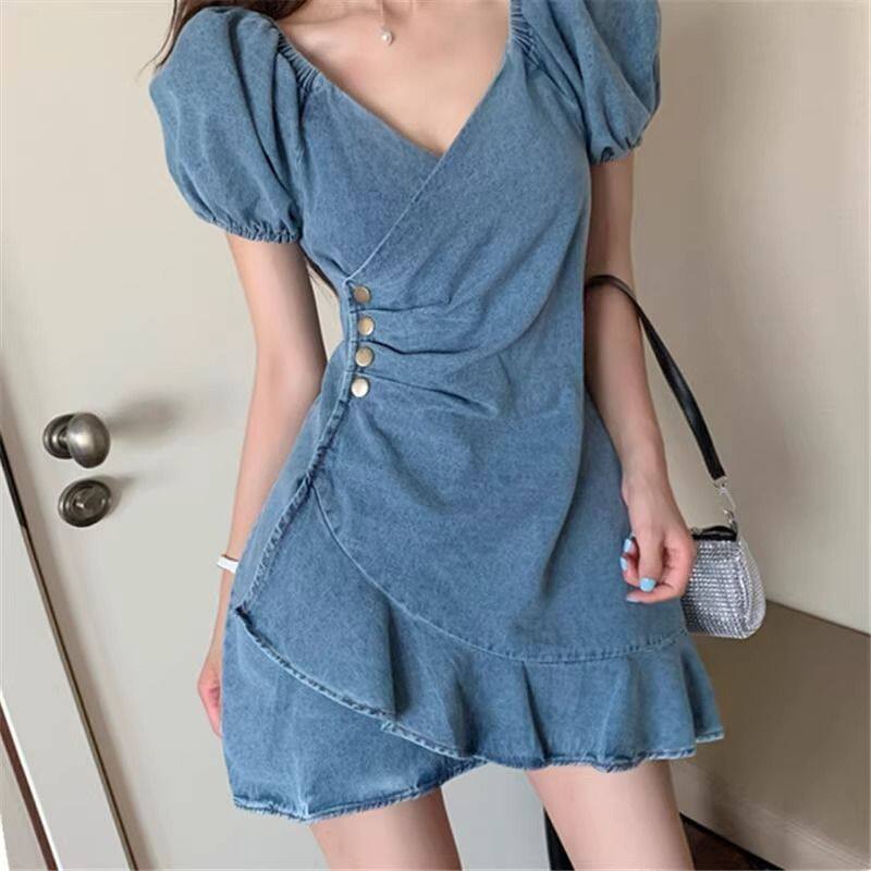 2025新款美式复古休闲连衣裙女春秋款修身显瘦百搭短裙潮深V性感