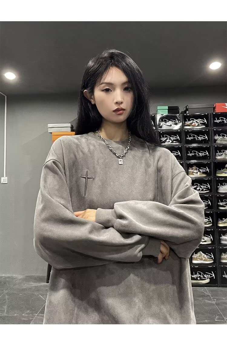 NOHASHTA高质量2025新款美式复古休闲长袖卫衣女春秋款上衣鹿皮绒