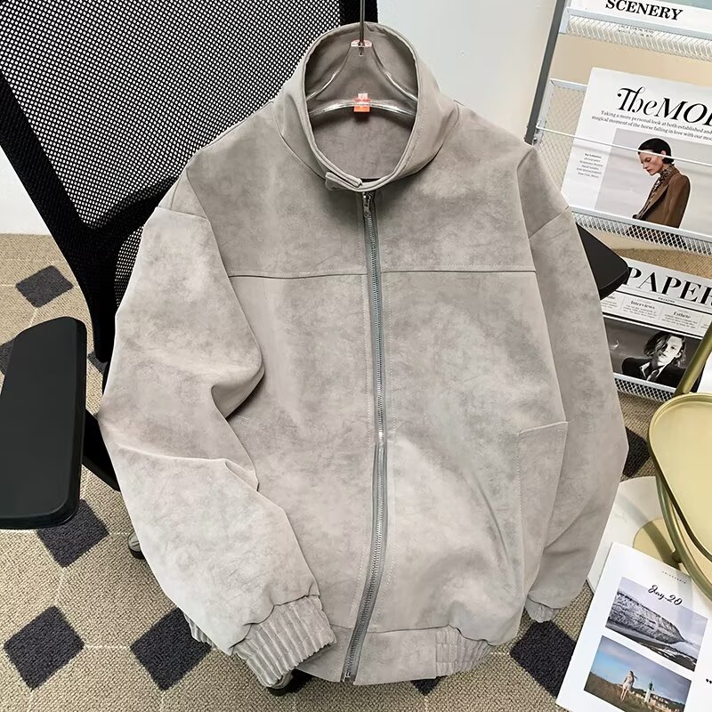 美式复古扎染皮衣外套男款春季高级感立领棒球服短款夹克