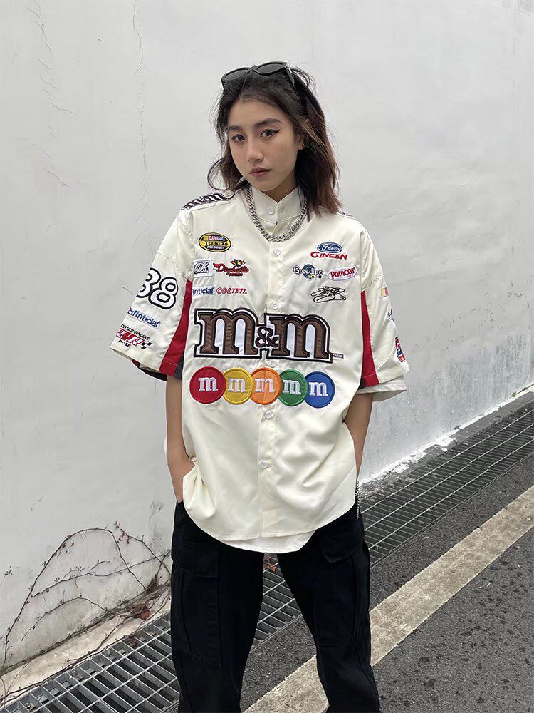 2026新款美式复古hiphop炸街赛车服衬衫男短袖夏季宽松ins潮牌