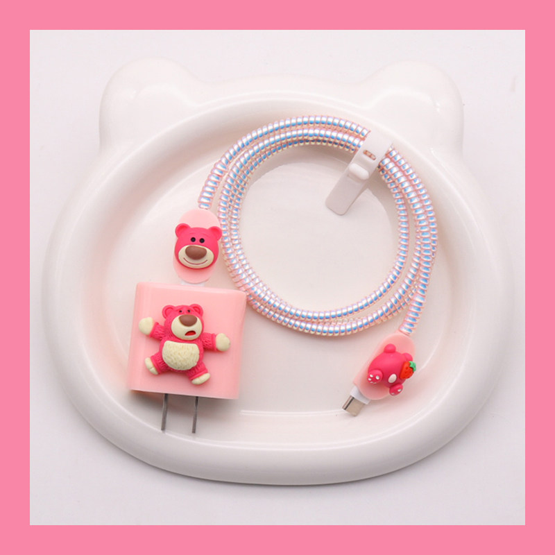 草莓熊数据线保护套16promax适用苹果20W充电器头壳15咬线绳ipad