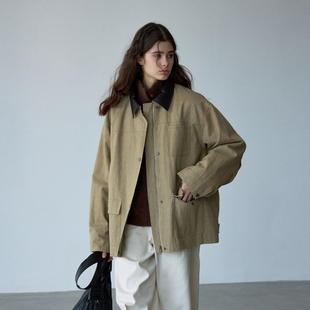 纽扣拉链外套XT5721 新款 NOON复古工装 风撞色皮翻领夹克女2025冬季