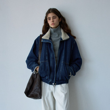 NOON毛毛立领加厚保暖牛仔外套女2025冬季新款宽松洗水做旧XT5785