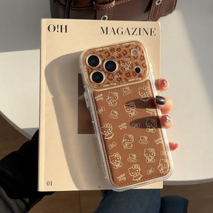 豹纹KT猫棕色iPhone17pro手机壳适用苹果17promax卡通防摔保护套16pro软壳精孔镜头全包15少女心14外壳透明女
