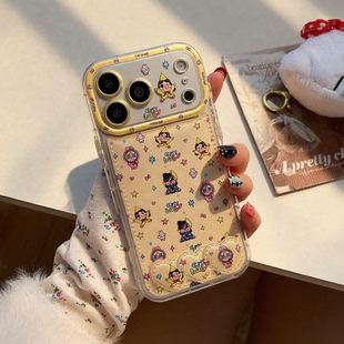 可爱哭娃苹果17promax手机壳适用iPhone17pro卡通星星带支架精孔防摔16pro保护套15镜头全包皮质14pro软壳tpu