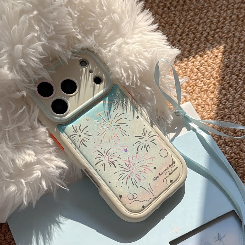 淡蓝色晕染璀璨烟花苹果17promax手机壳适用iPhone17皮纹精孔镜头全包防摔保护壳16带珍珠手链15软套14外壳女