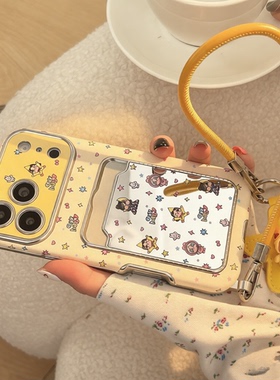 可爱星星哭娃适用苹果17promax手机壳iPhone17pro镜面卡包精孔全包镜头防摔16pro保护套15淡黄色带挂绳皮质壳