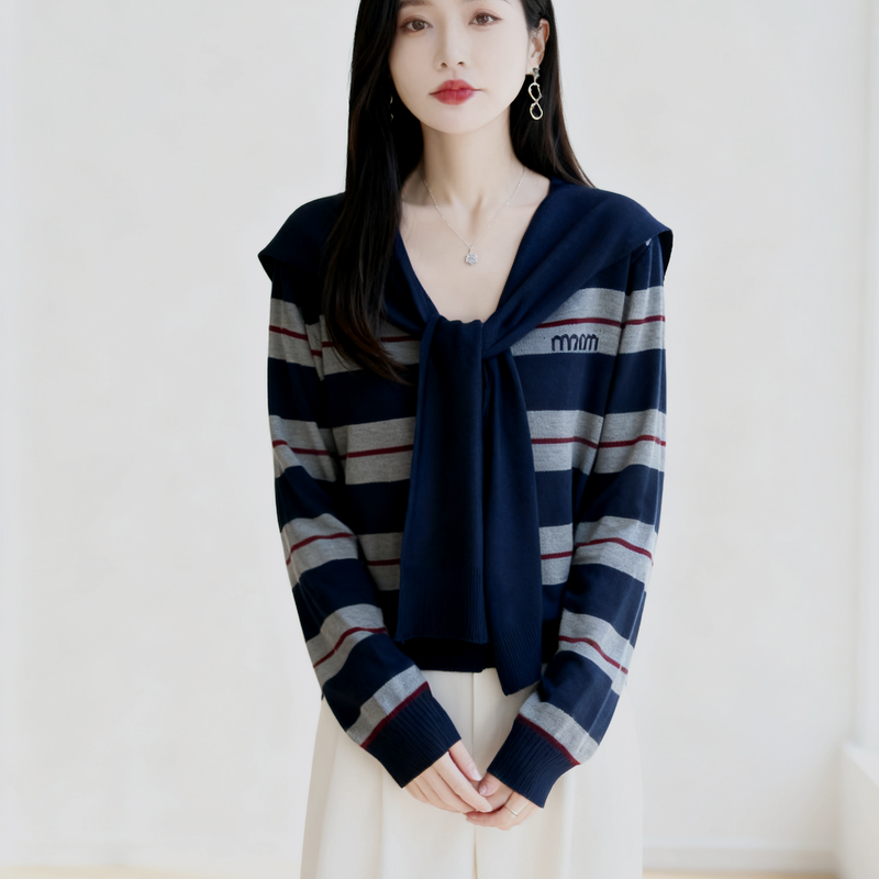 撞色条纹假两件披肩针织开衫女2025秋冬内搭可外穿宽松打底毛衣