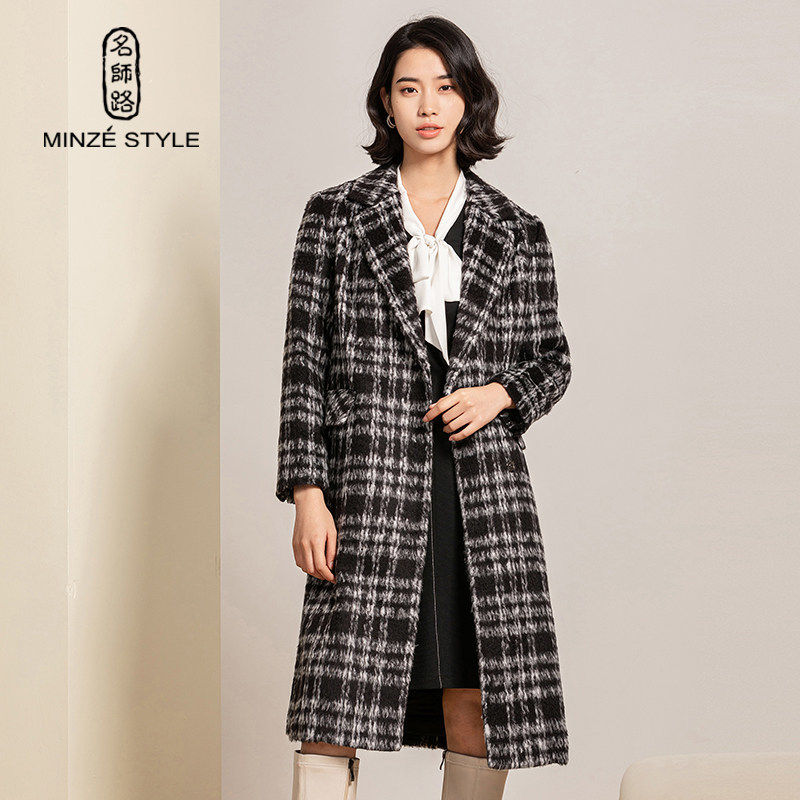 名师路黑白格羊毛呢外套女冬季新款大衣中长款毛绒OL风格西装领厚