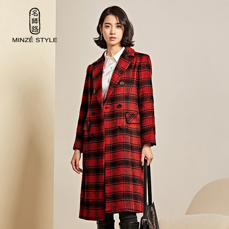 名师路黑白格西装领毛呢大衣女外套新款冬季中长款修身通勤