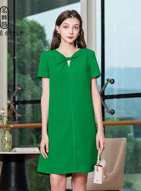 名师路V领连衣裙夏季女装新款短袖蝴蝶结领套头绿色中腰淑女纯色