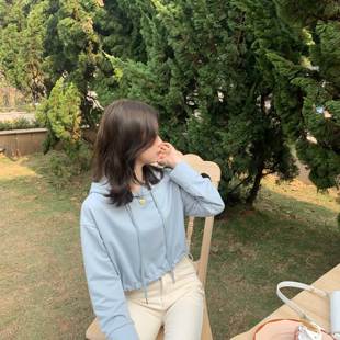 Tracystyle少女心事纯色调节抽绳连帽卫衣短款 BM风上衣小个子百搭