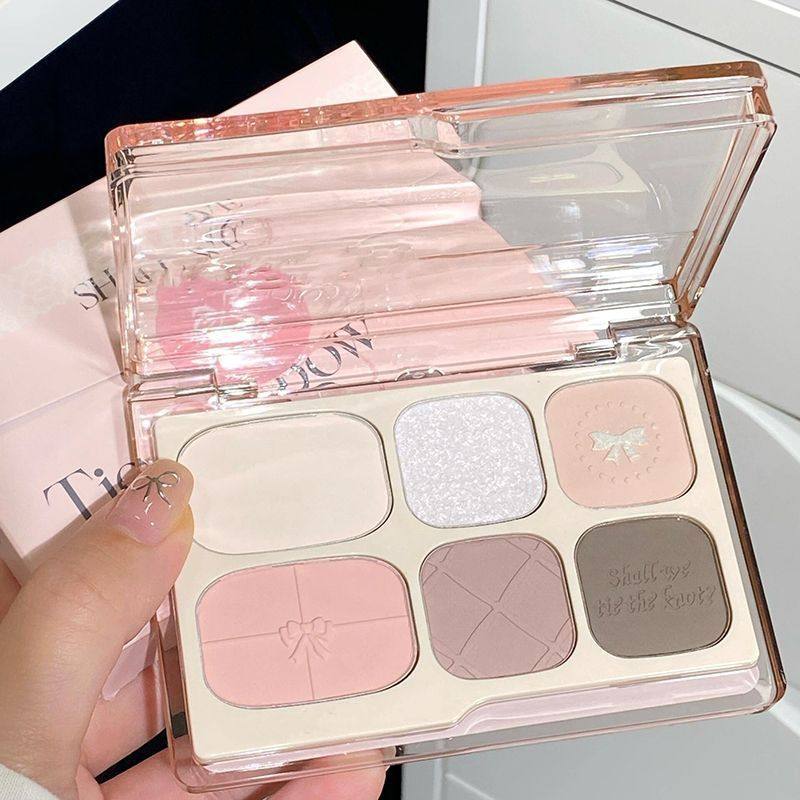 蝴蝶结六色眼影盘低饱和珠哑光灰粉大地色高光腮红修容一体伪素颜,彩妆/香水/美妆工具,眼影,淘宝优惠券,粉丝福利购,淘宝优惠卷