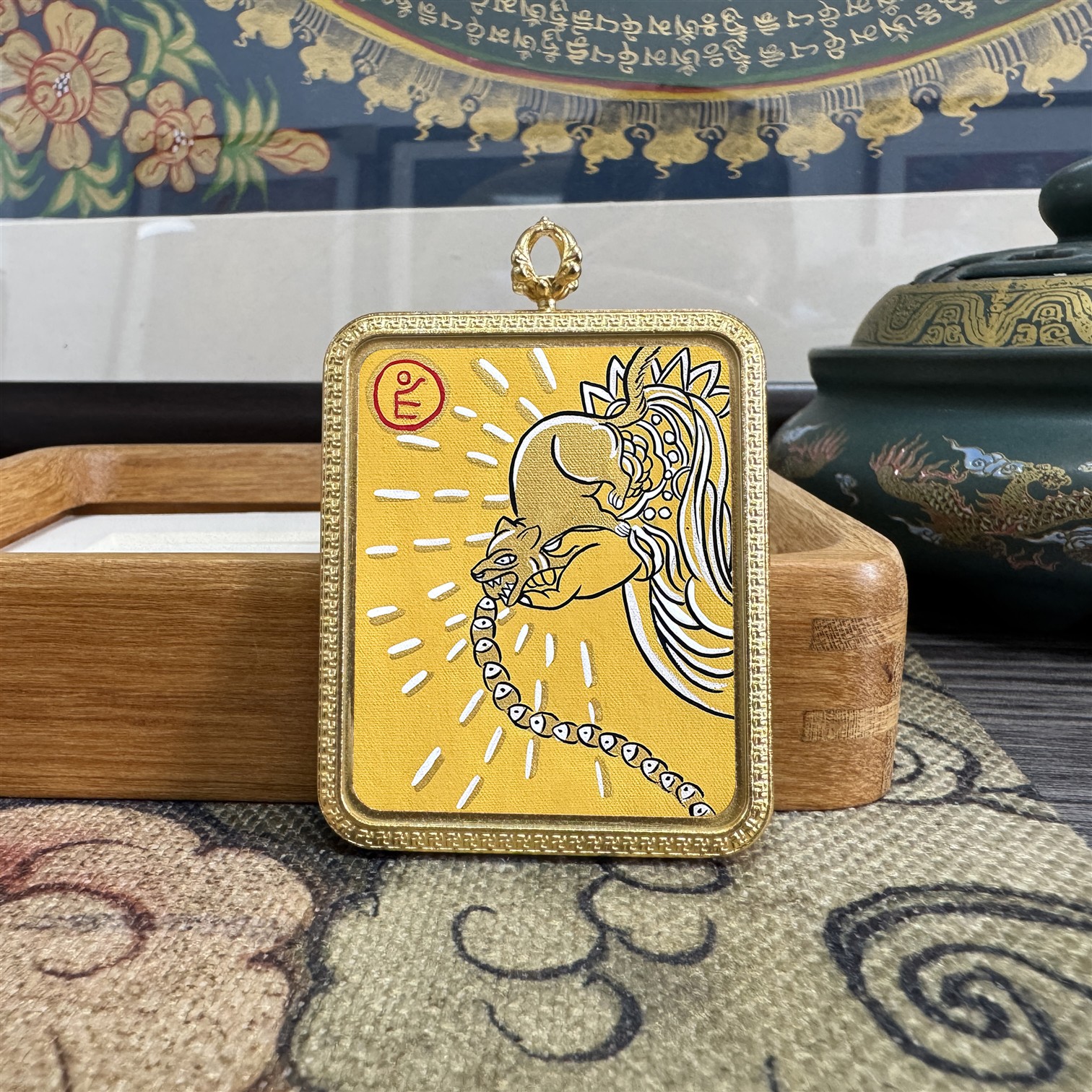 【K0002101】热贡西藏尼泊尔纯手工手绘黄财神吐宝鼠唐卡吊坠4*5