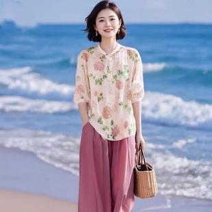 氣質百搭中袖 素雅訂制女裝 原創品牌新款 寬松文藝時尚 上衣 碎花襯衫