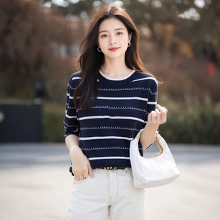 女 素雅订制女装 原创品牌旗舰店新款 纯棉针织短袖 女圆领条纹T恤衫