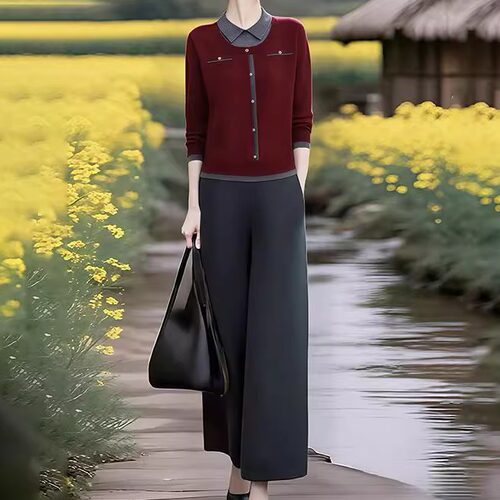 素雅订制女装原创品牌秋季新款时尚假两件针织衫松紧腰休闲裤套装