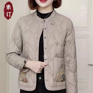 素订女装原创品牌旗舰店中国风刺绣短款修身显瘦白鸭绒羽绒服外套