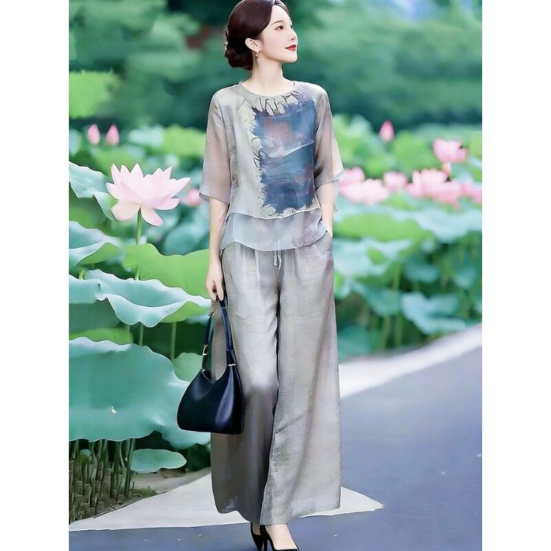 素雅订制女装原创品牌2026夏季新款文艺复古国风印花上衣裤子套装