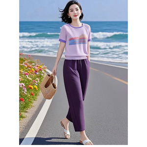 素雅订制女装原创品牌时尚减龄冰丝针织衫松紧腰九分休闲裤套装