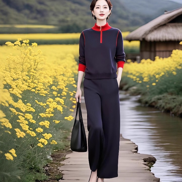 素雅订制女装原创品牌秋季时间休闲撞色针织衫直筒阔腿裤两件套