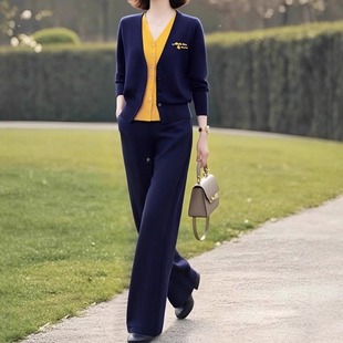 套装 素雅订制女装 松紧腰直筒裤 假两件针织开衫 原创品牌2025秋新款