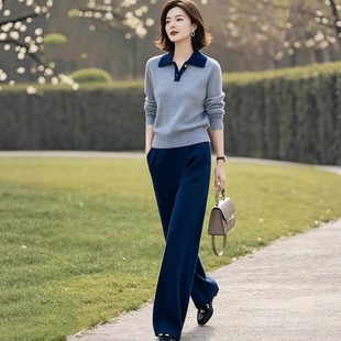 原创品牌秋季 直筒裤 新款 洋气POLO领针织衫 两件套 时尚 素雅订制女装