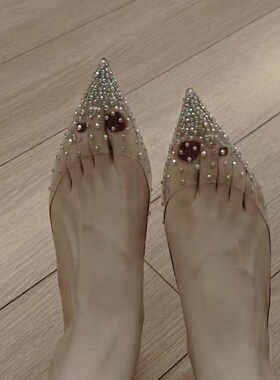 银色法式尖头水钻平底鞋人鱼姬水晶鞋透明PVC单鞋低跟 内增高婚鞋