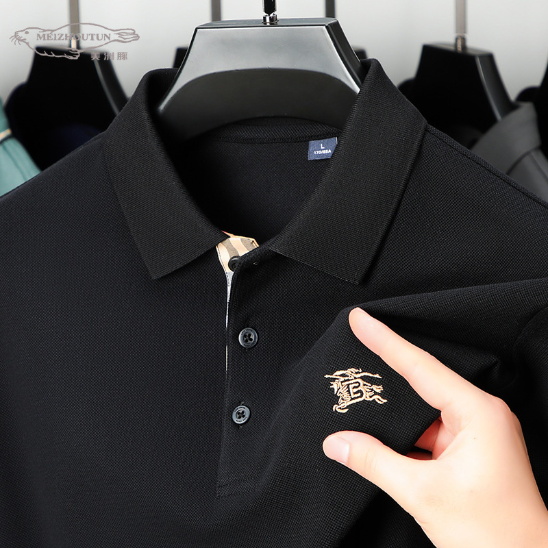 男装伦巴宝利娇纯棉长袖衣服男士翻领中年纯色男款polo衫卫衣休闲