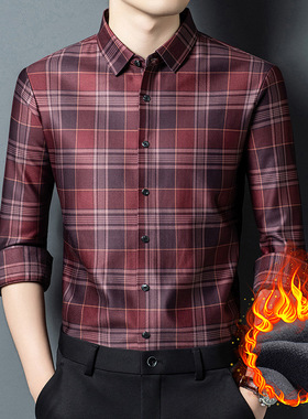 冬季伦巴宝利娇男款加绒加厚男式长袖衬衫中年男装休闲格子上衣服