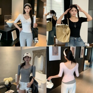 T恤修身 设计感V领短袖 显瘦上衣26021 纯欲风韩版 双面穿～气质中袖