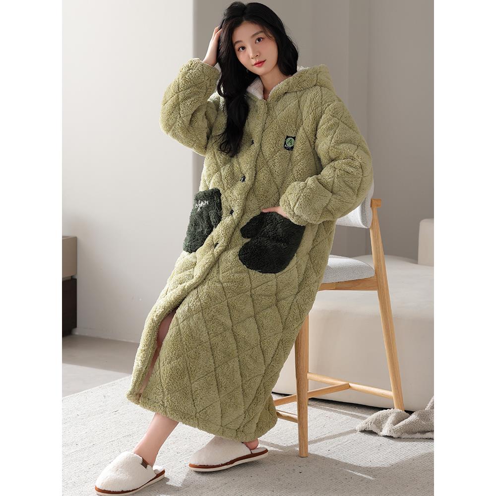 日系GP棉睡袍女秋冬三层加厚长款