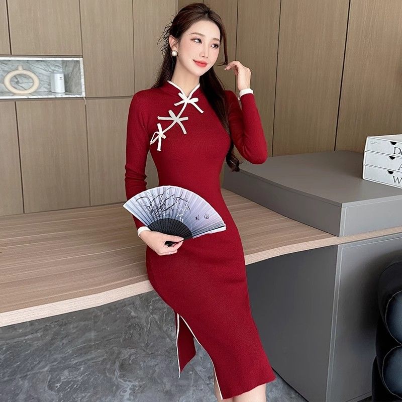 针织年轻款中式套头秋冬复古旗袍
