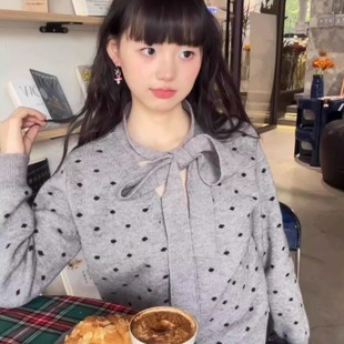 毛衣女 小众蝴蝶结灰色波点针织开衫 香香family miu系千金风上衣