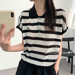 宽松显瘦内搭上衣女 大码 女装 胖mm条纹Polo字母刺绣针织衫 女夏季