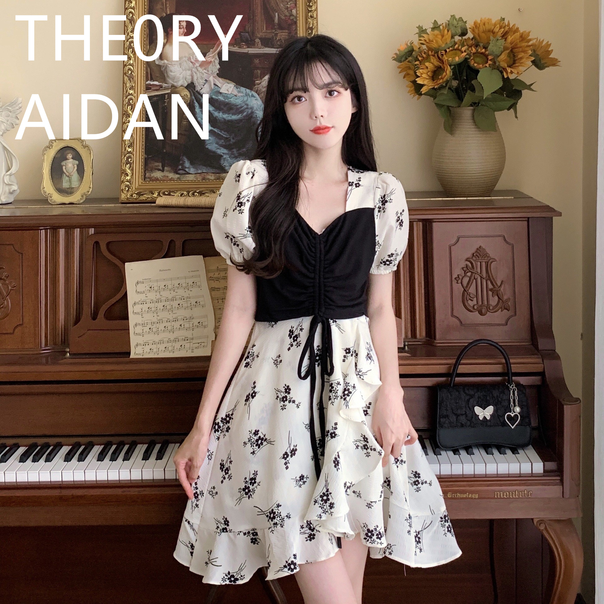 THE0RY AIDAN复古xin碎花夏法式显瘦收腰风连衣裙微胖女装子