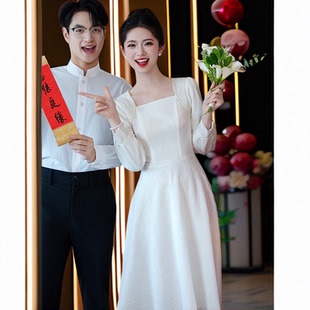 白色晚礼服女订婚连衣裙平时可穿高级感宴会气质小白裙长袖回门夏