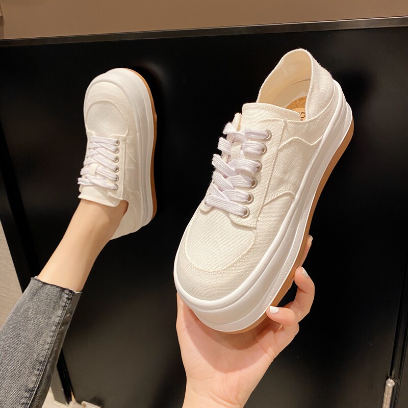 时尚小白鞋踩跟帆布鞋女2021新款网红松糕厚底大头面包鞋板鞋女潮