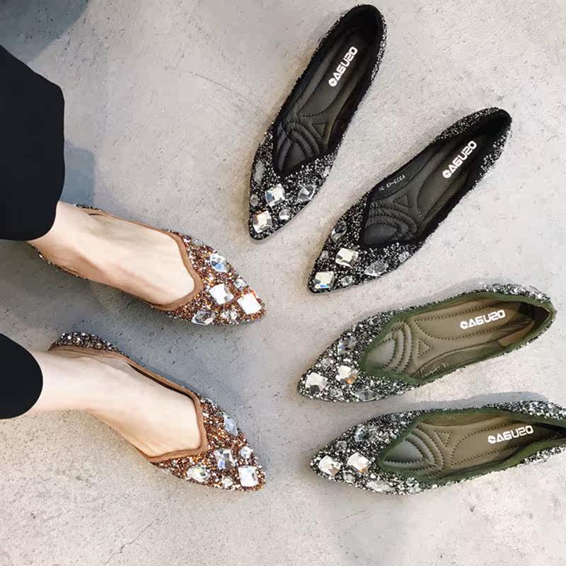 Pointed shoes women 2017 Autumn new pattern Korean Edition Versatile Rhinestone Suede lady shoes Flat shoes Doug shoesin the Women's Shoes, Low shoes  category - from Buy2taobao.com to provide professional Taobao agent buy service