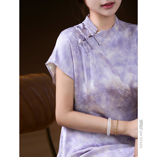 此中新中式美学定制“烟紫梦萦”薰衣草晕染真丝手工盘扣连衣裙女