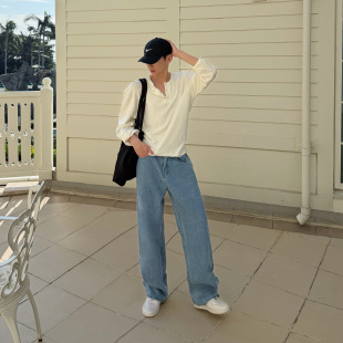 2026新款 垂感水洗直筒裤 基础韩版 男宽松潮 男女 浅蓝色牛仔裤 XMOB