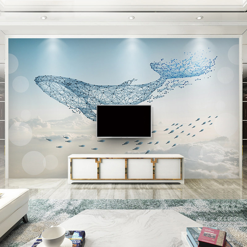 北欧客厅电视背景墙壁纸简约8d壁画几何线条天空鲸鱼墙纸卧室墙布