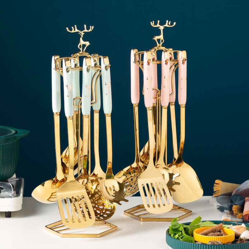 304不锈钢厨具套装厨房用具汤勺祖母绿陶瓷手柄锅铲火锅勺七件套