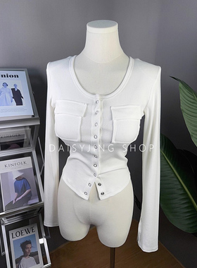 DAISYJING2025新款气质双口袋垫肩单排扣修身开衫T恤上衣打底衫女