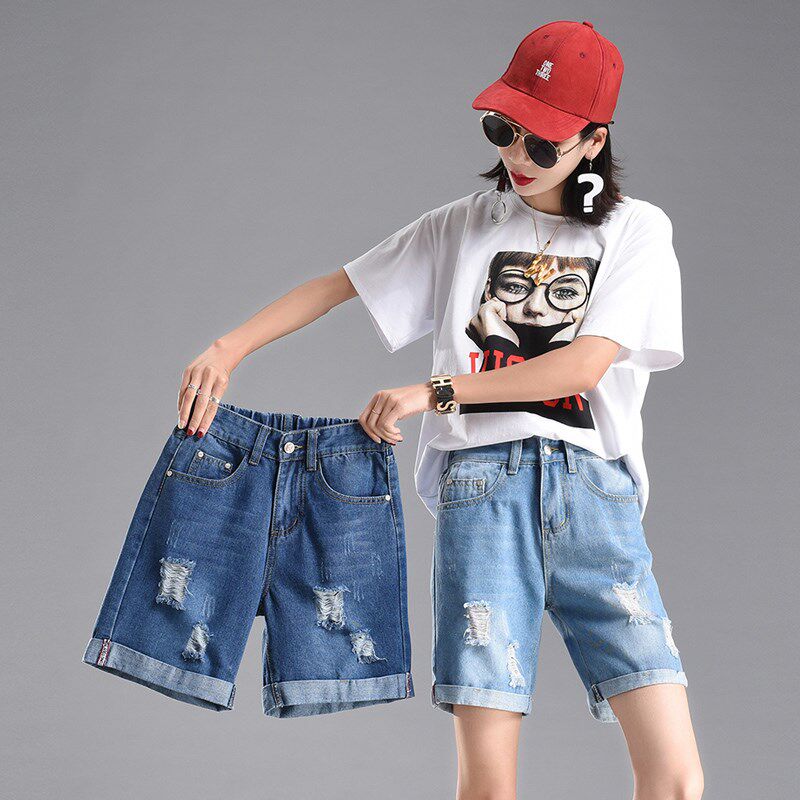 松紧腰女牛仔裤短裤2019夏季宽松显瘦弹力五分裤大码破洞马裤阔腿|ruв категории Женская одежда, джинсы - от Buy2taobao.com для оказания профессиональной услуги покупки агента Taobao