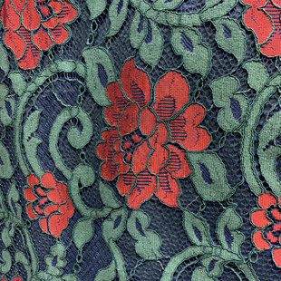 蓝底绿色红花骨线蕾丝面料立体提花蕾丝改良旗袍连衣裙礼服布料