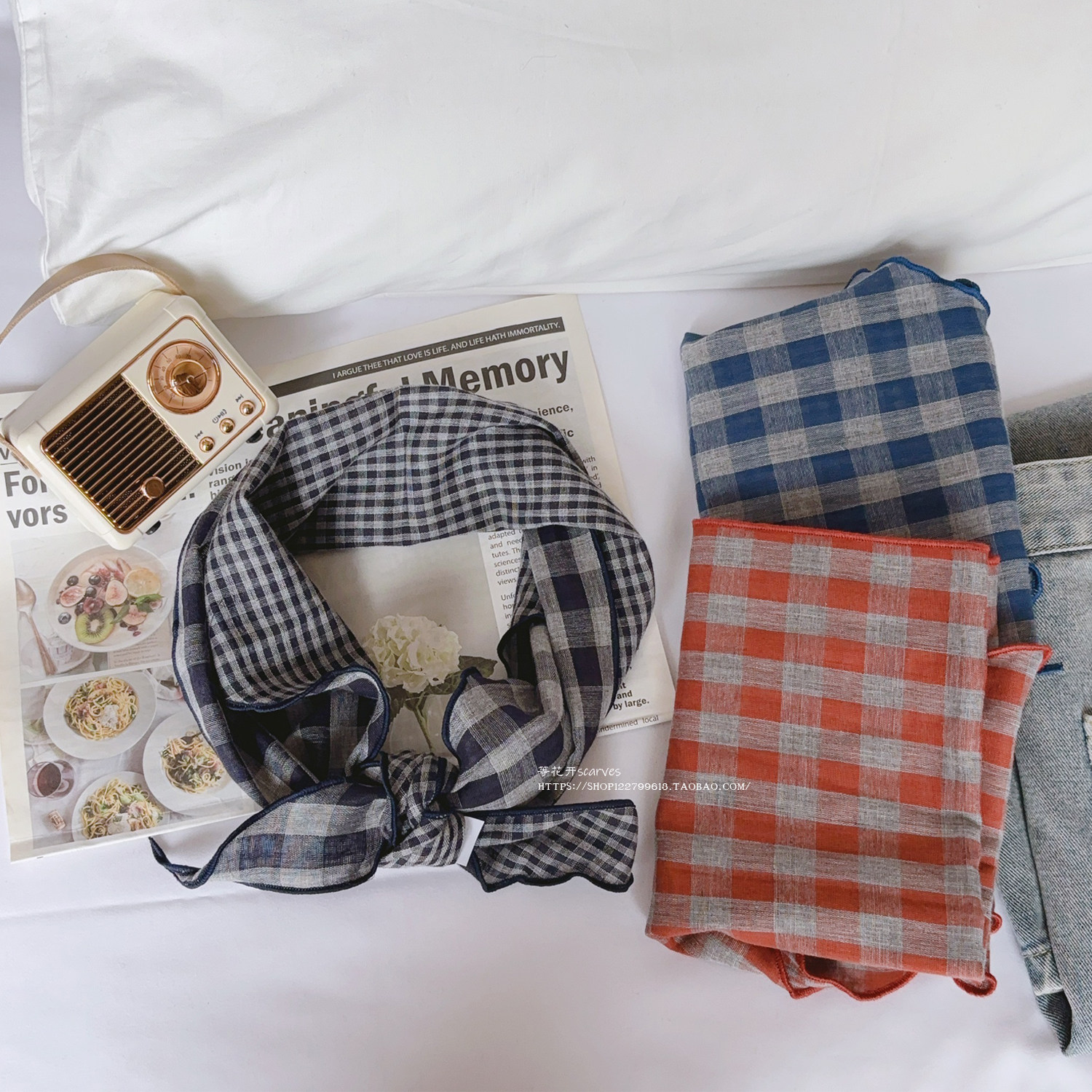 文艺森系原宿风双面大小格子全棉三角小围巾丝巾女 护颈肩小领巾
