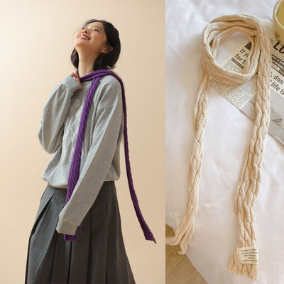 东大门秋冬新品加长款针织毛线纯色丝带巾装饰潮品长飘带领巾围巾