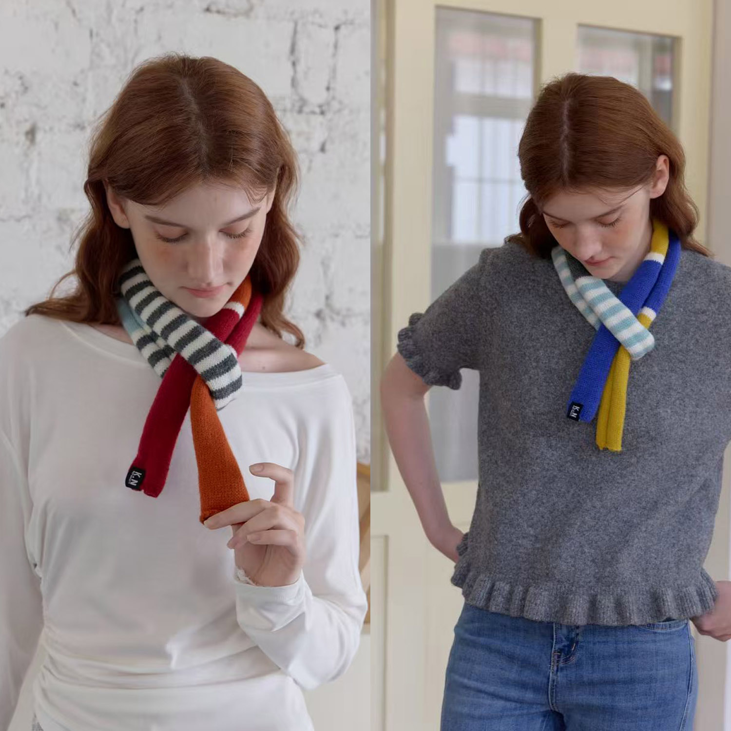 冬季新品彩色条纹细窄长条百搭毛线小围巾凹造型可爱腊肠围脖成品