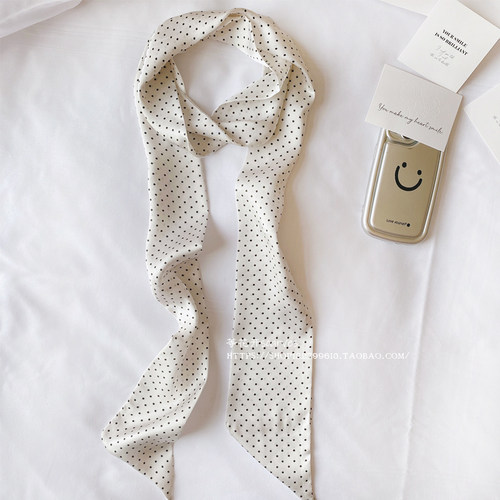 韩版百搭小小点黑白长款飘带丝巾领巾 复古波点长条腰带腰绳腰饰